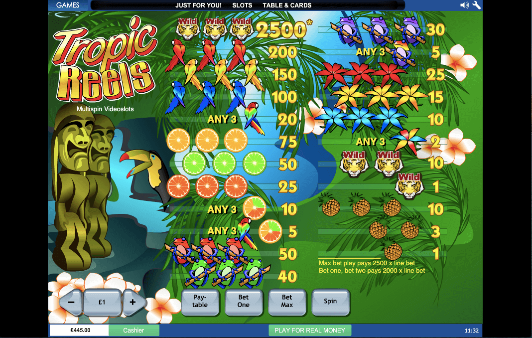 PLAYTECH TROPIC REELS ONLINE SLOT PAYTABLE