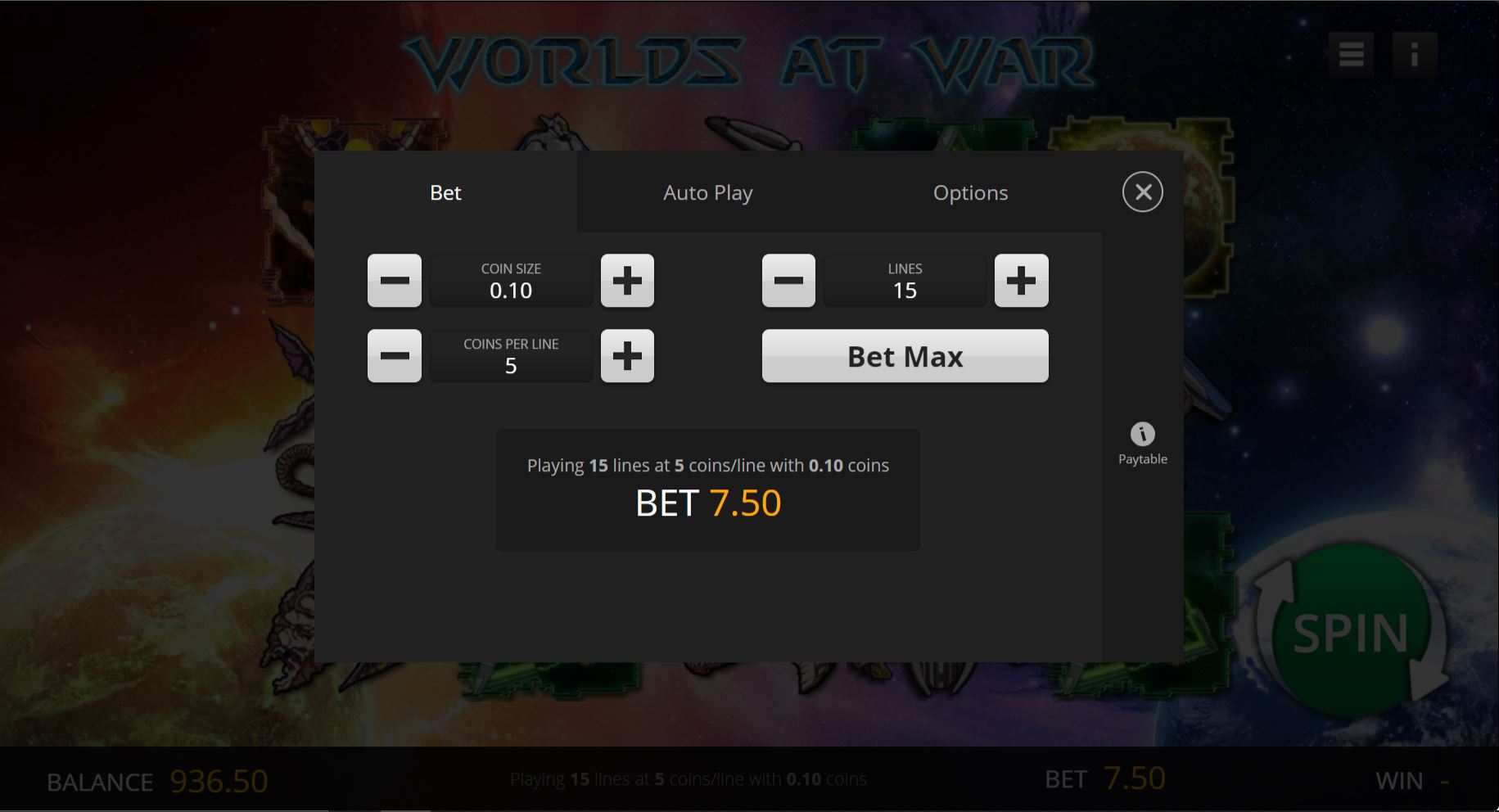 World at war online slot game bet
