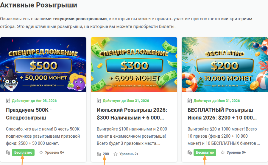 активные розыгрыши раздел