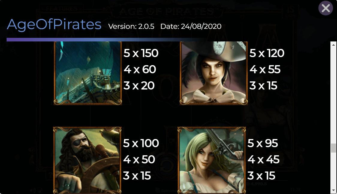 age of pirates 15 lines paytable