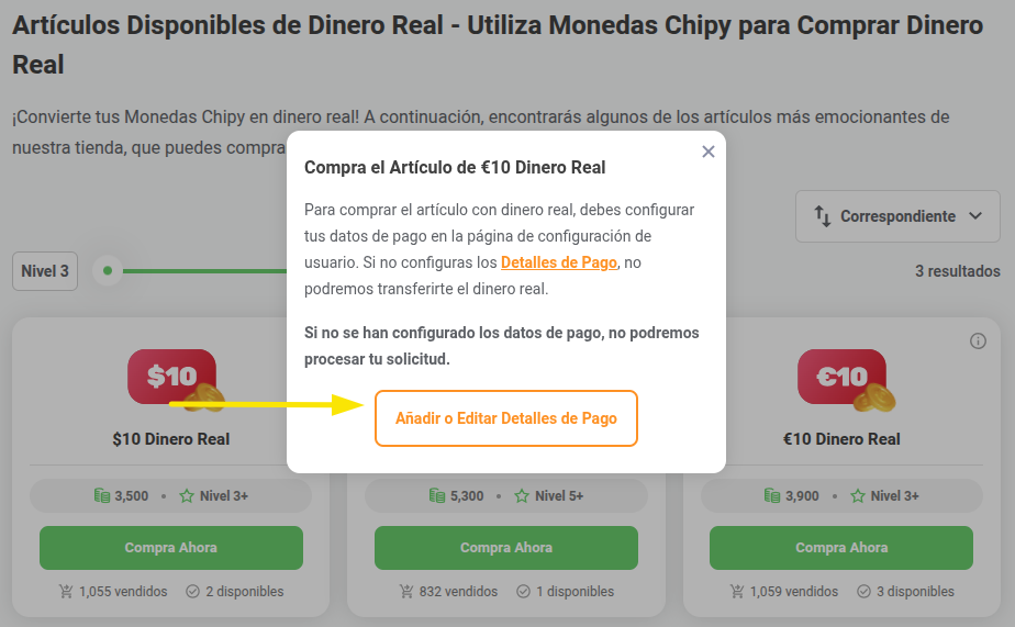 Artículos de Dinero Real Añadir o Editar Detalles de Pago