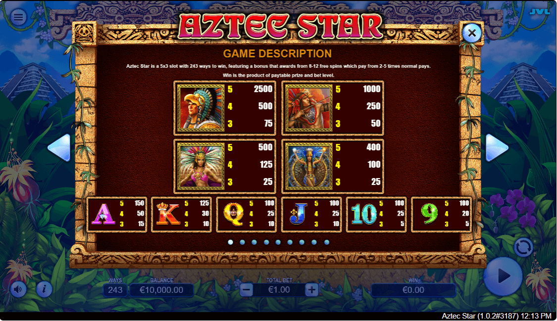 Aztec Star Online Slot Game Paytable