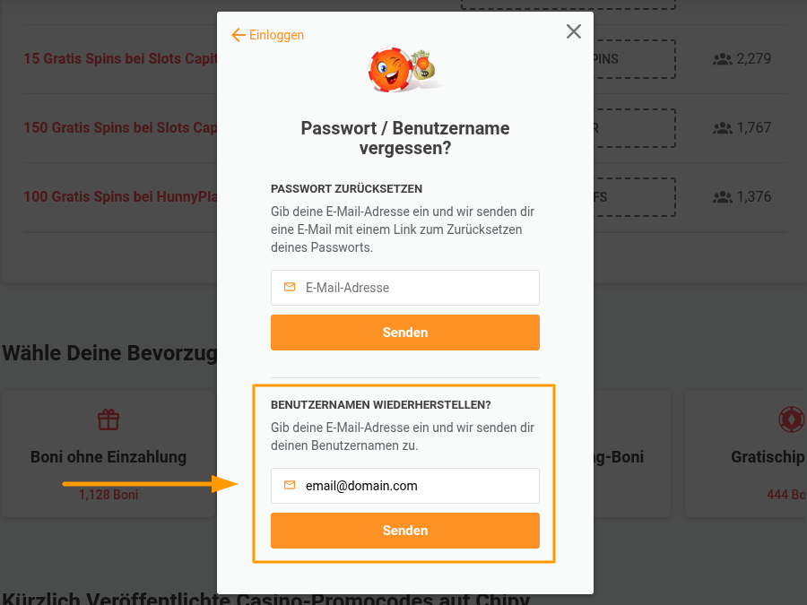 Benutzername oder passwort vergessen Chipy