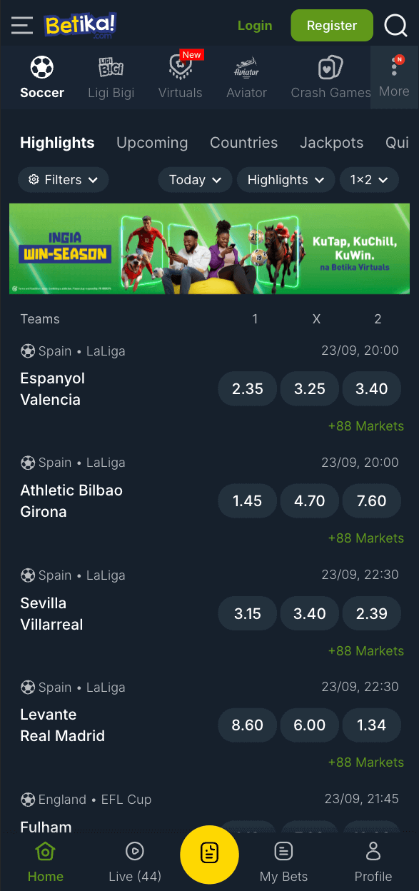 betika casino mobile homepage screenshot