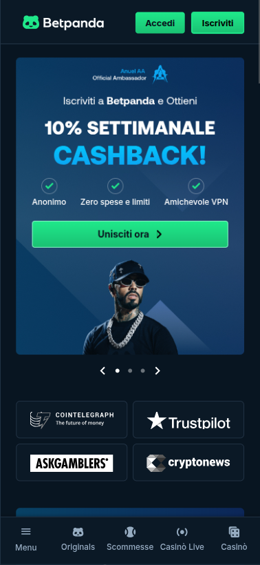 Immagine della homepage di Betpanda IO