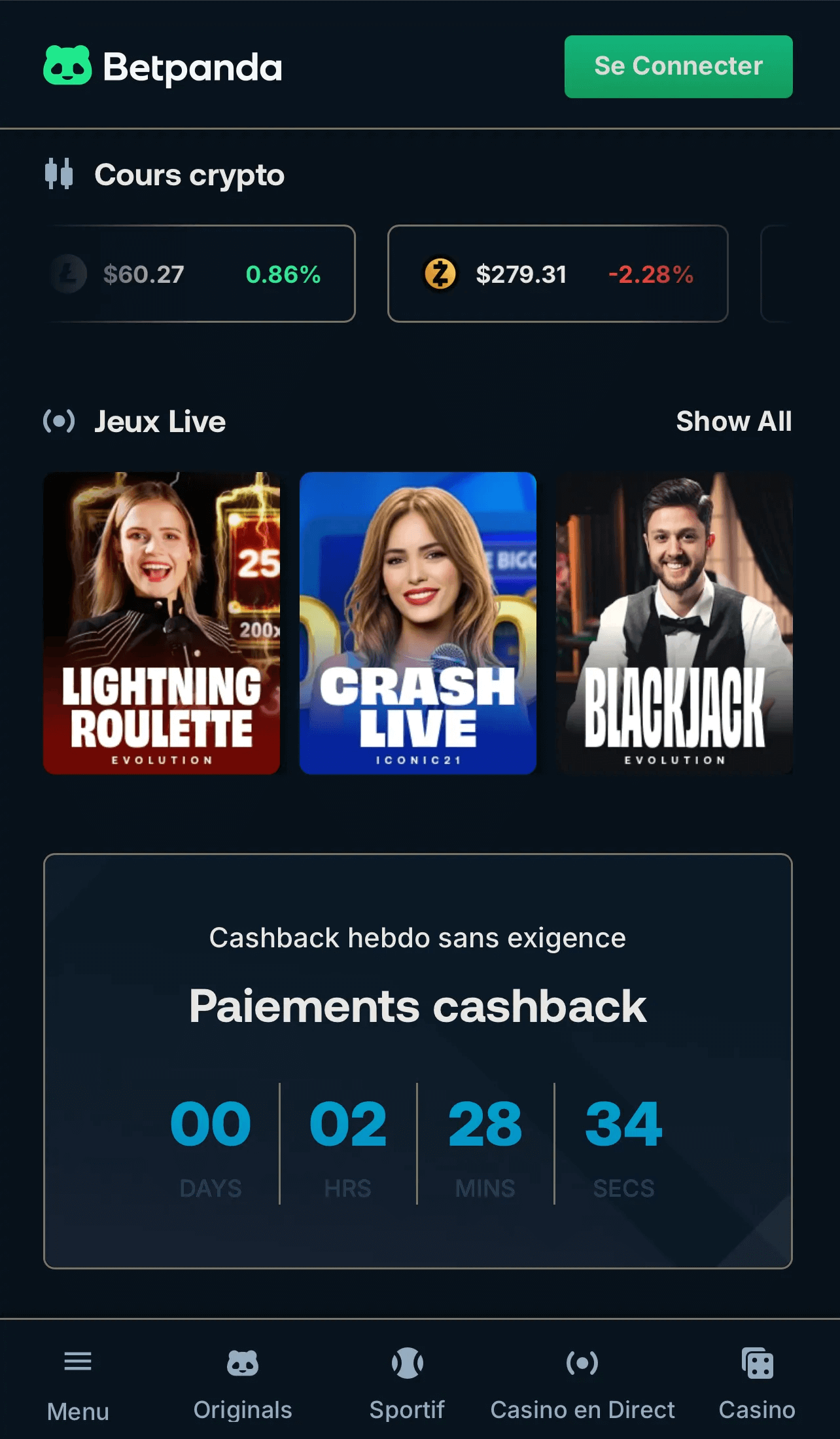 capture d'écran de la page d'accueil du casino betpanda.io