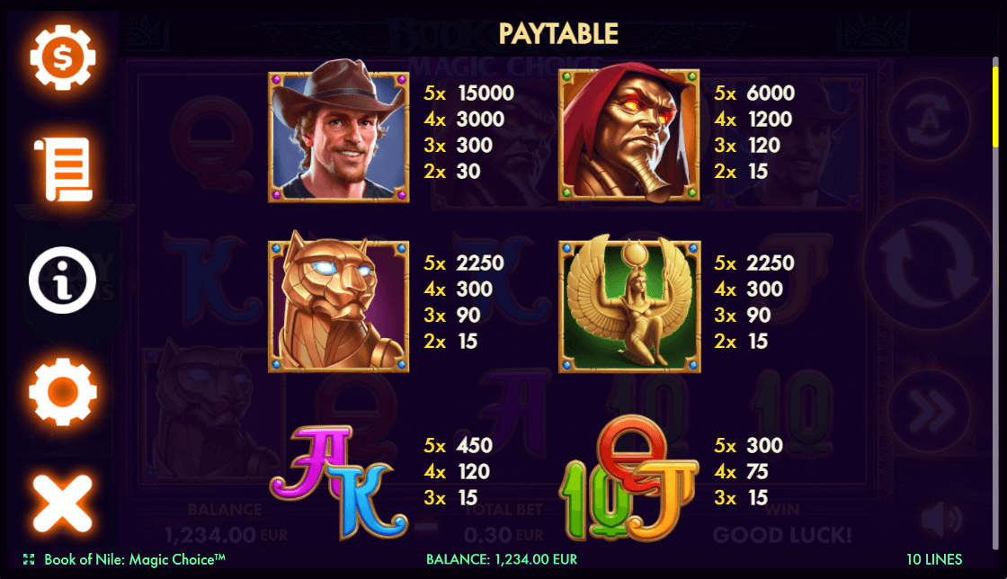 Book of Nile Magic Choice Online Slot Game Paytable