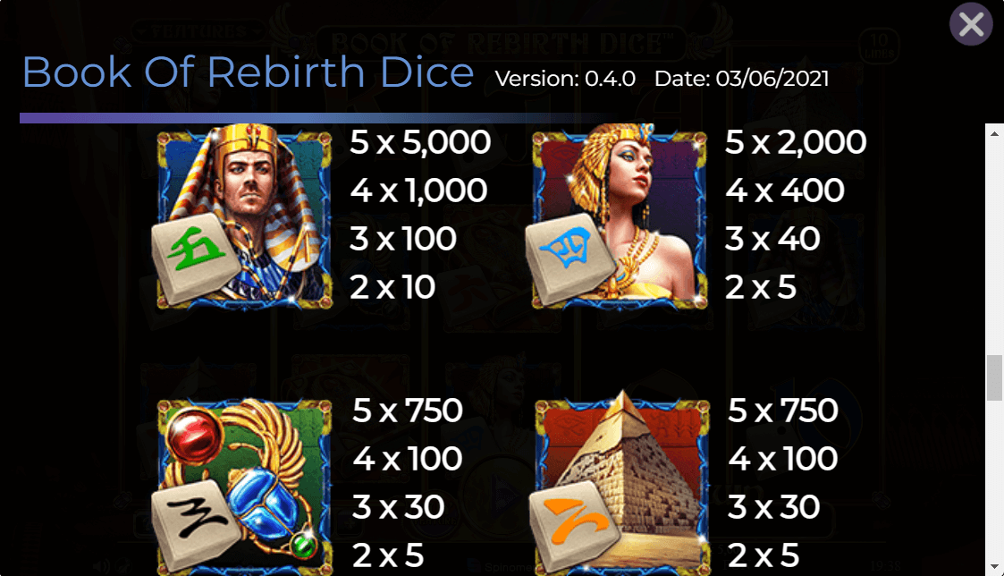 Book of Rebirth Dice Online Slot Game Paytable