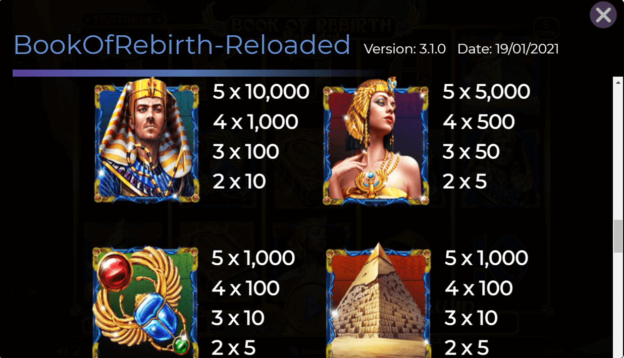 Book of Rebirth Reloaded Online Slot Game Paytable