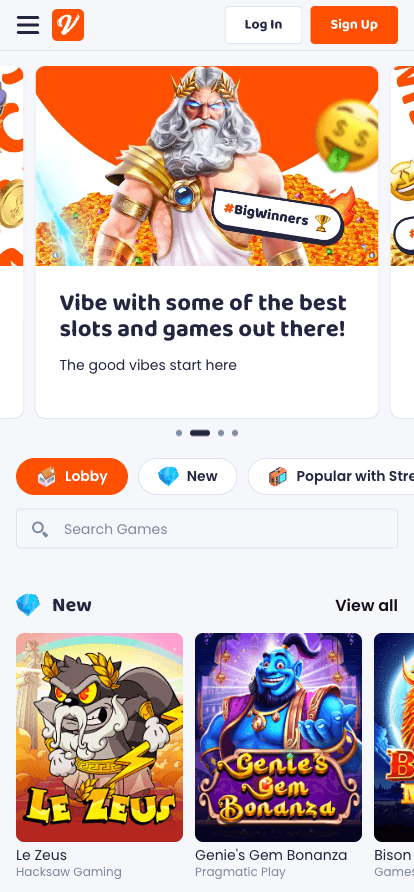 casino vibes mobile homepage screenshot
