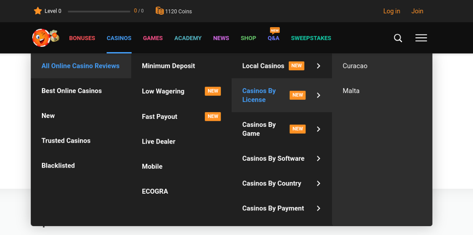 casinos by licence navigation bar