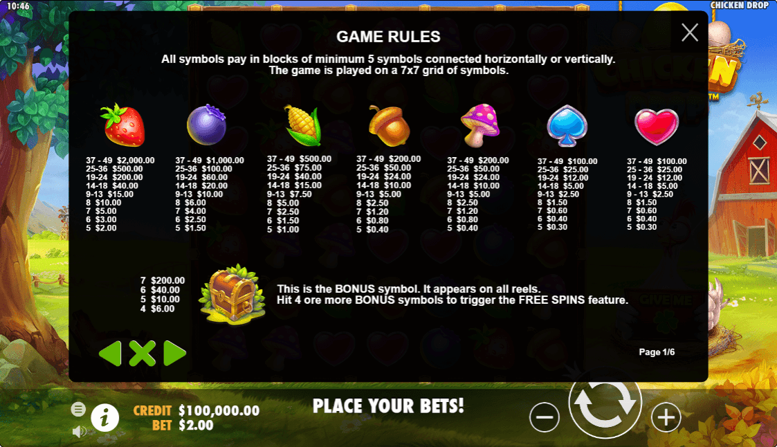 Chicken Drop Online Slot Game Paytable