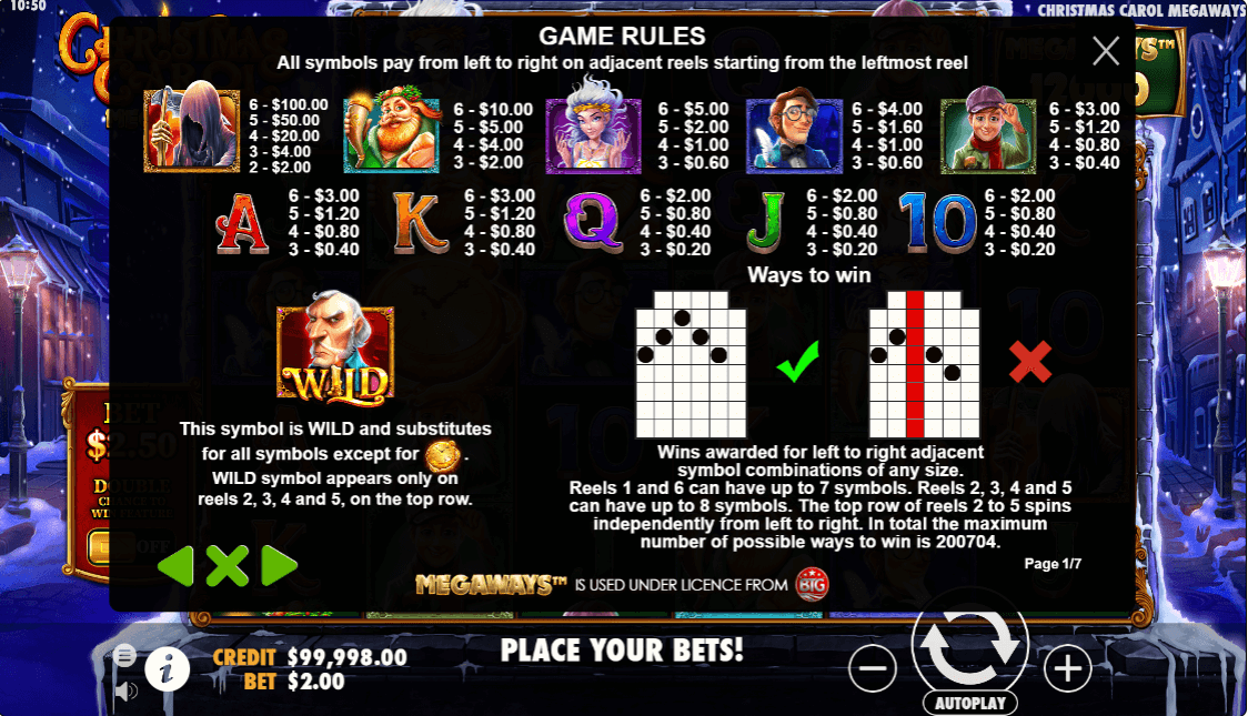 Christmas Carol Megaways paytable