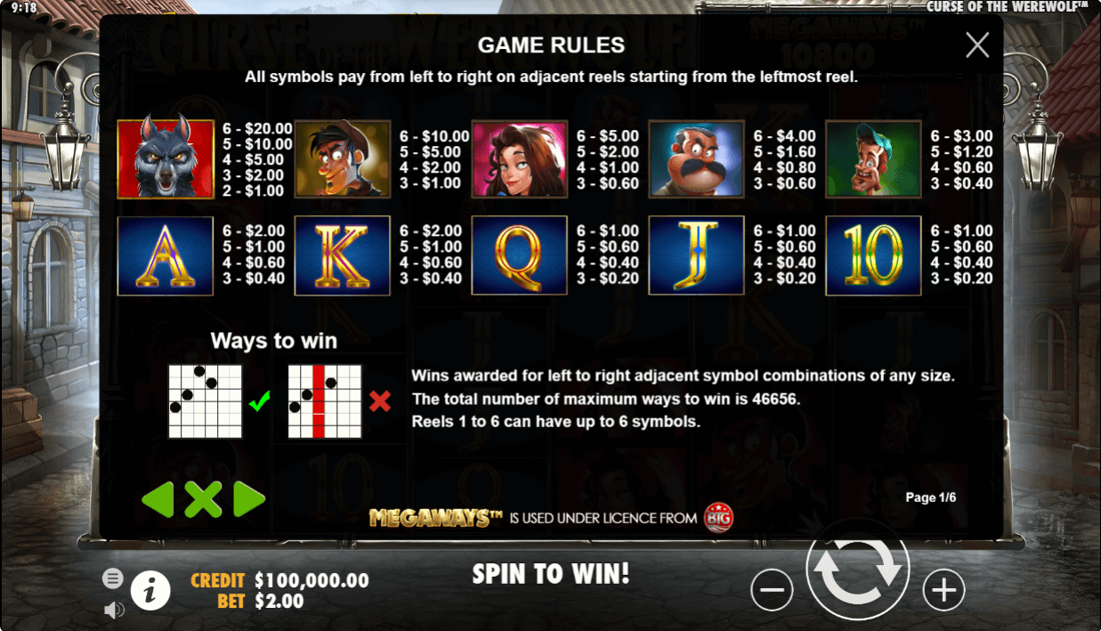 Curse of the Werewolf Online Slot Game Paytable