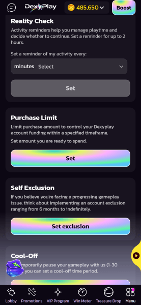 dexyplay casino responsible gambling settings