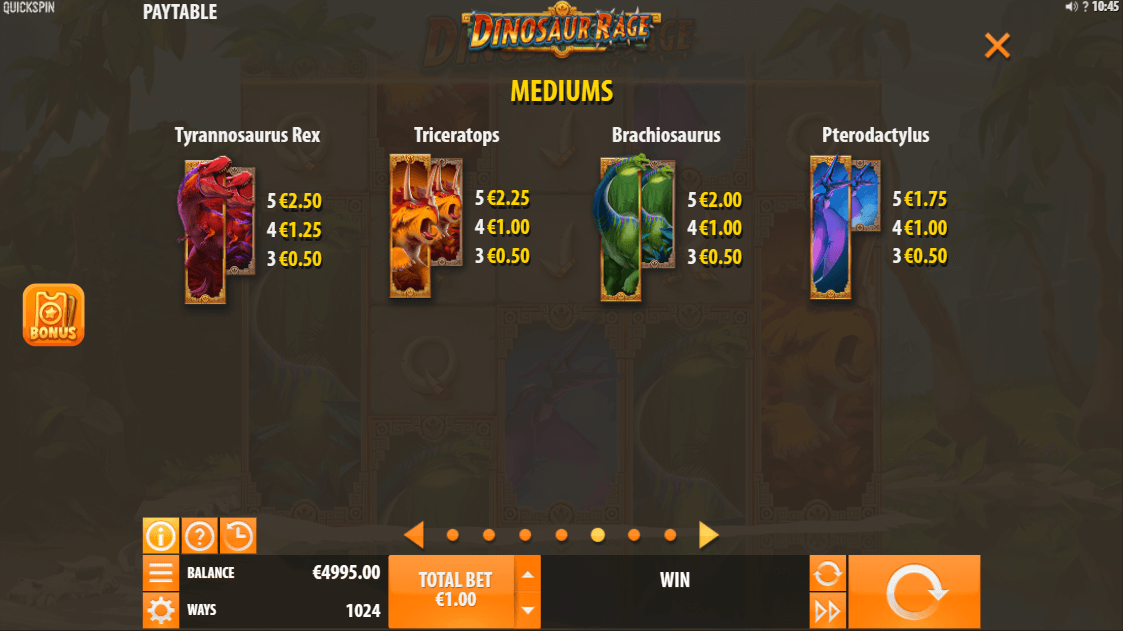 Dinosaur Rage Online Slot Game Paytable