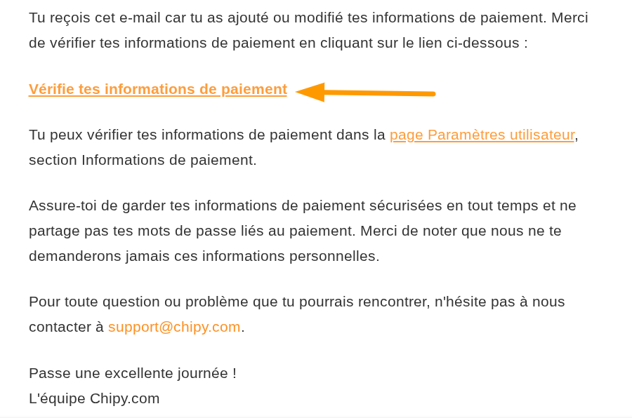e-mail de Chipy pour confirmer le paiement