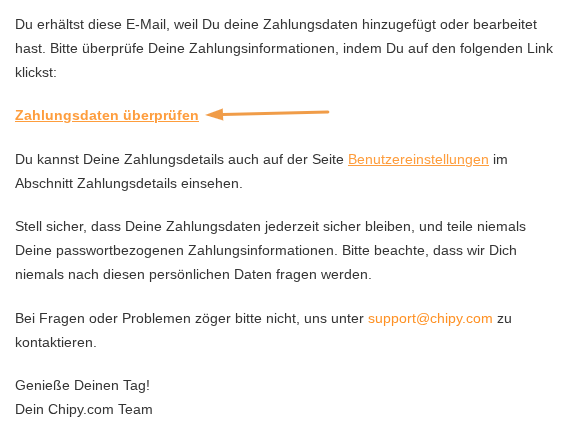 E mail von chipy zur zahlungsbestatigung
