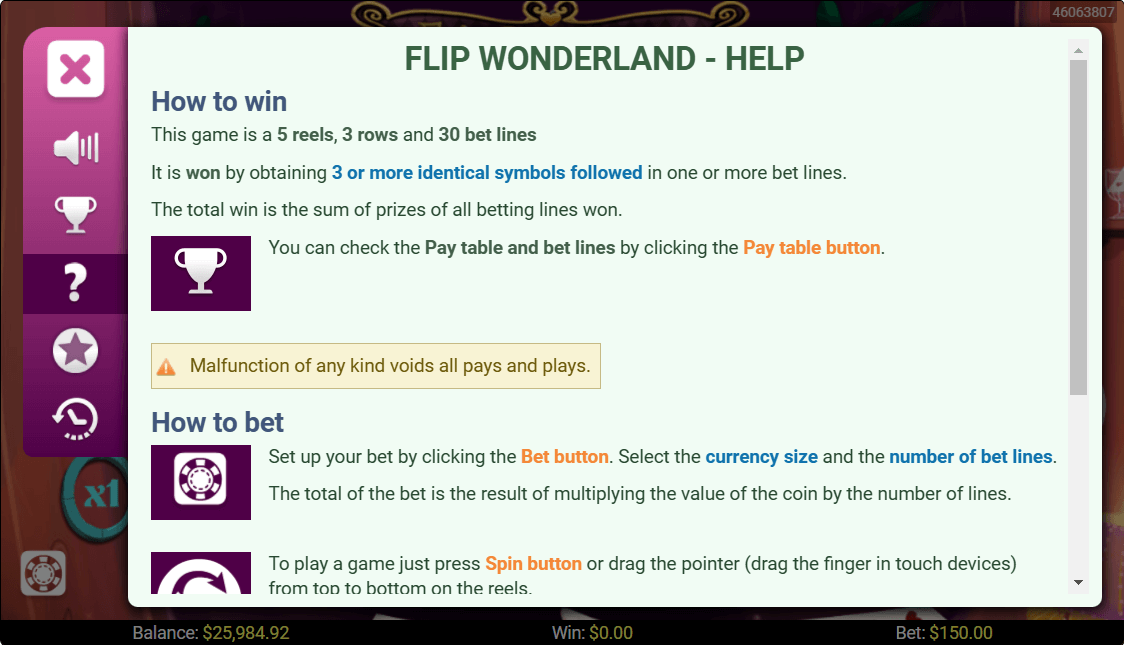 Flip Wonderland Online Slot Game Help