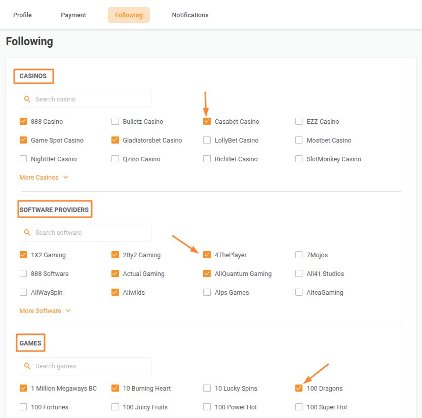 following section settings EN 