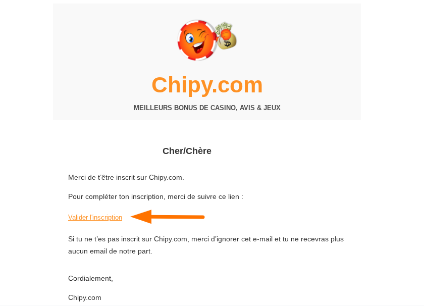 Activation de l'adresse e-mail du compte Chipy