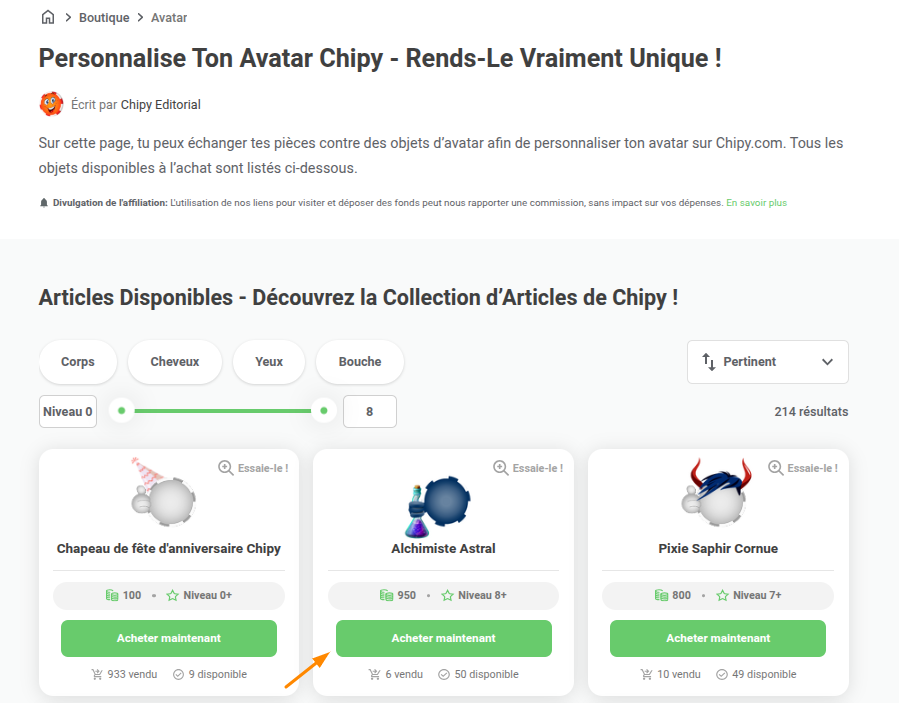 Page répertoriant les avatars de la boutique