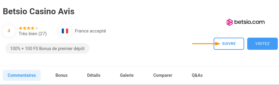 bouton « Suivre » du casino 
