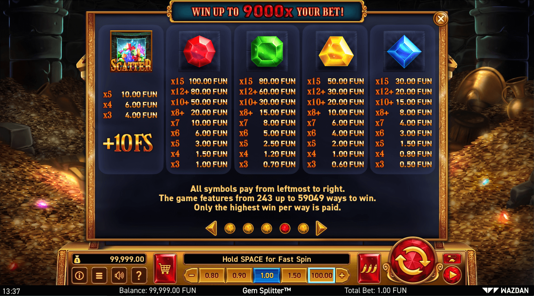 gem splitter paytable