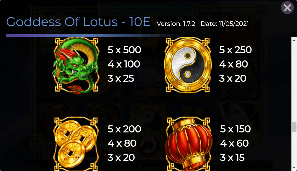 Goddess of Lotus 10 Lines Online Slot Game Paytable