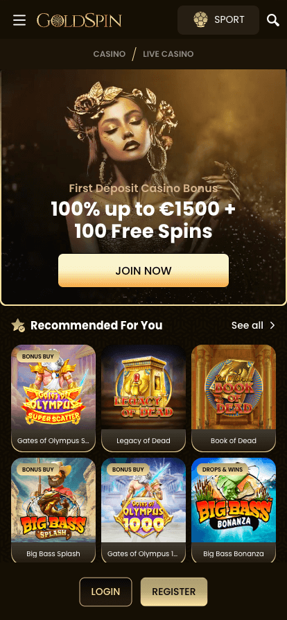 goldspin casino mobile homepage screenshot