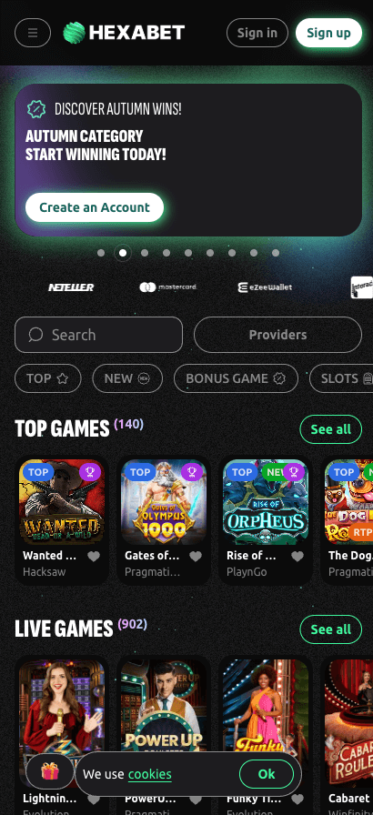 hexabet casino mobile homepage