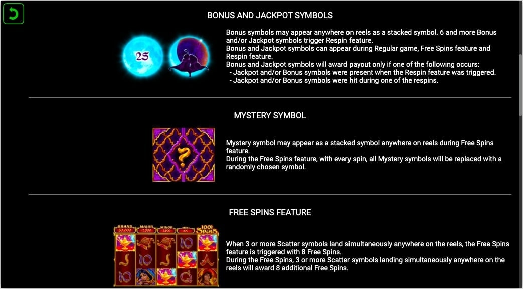 1001 spins slot game bonus and jackpot symbols