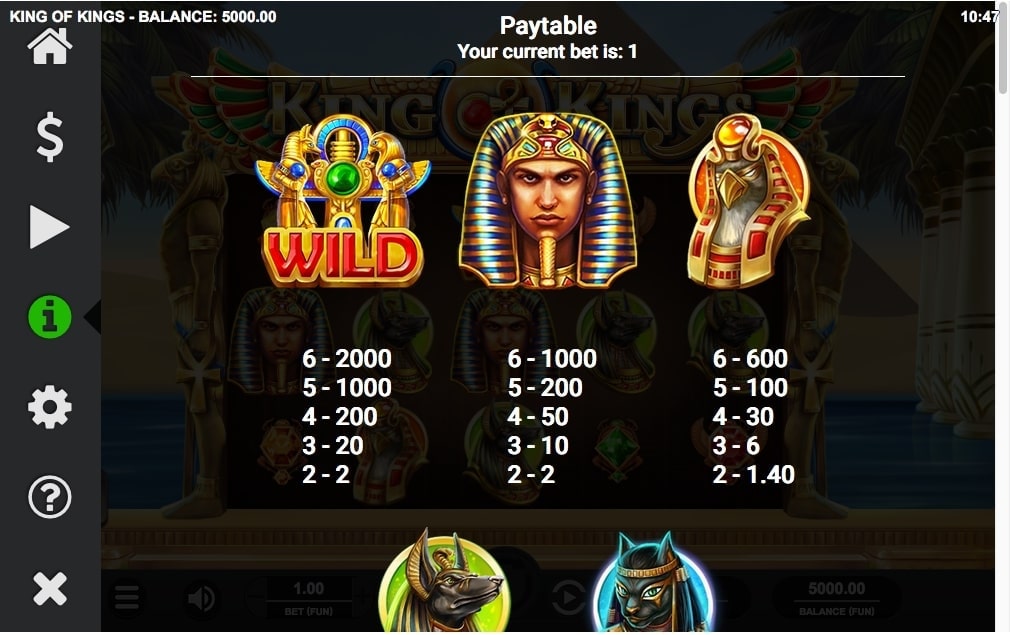 relax gaming king of kings slot game paytable