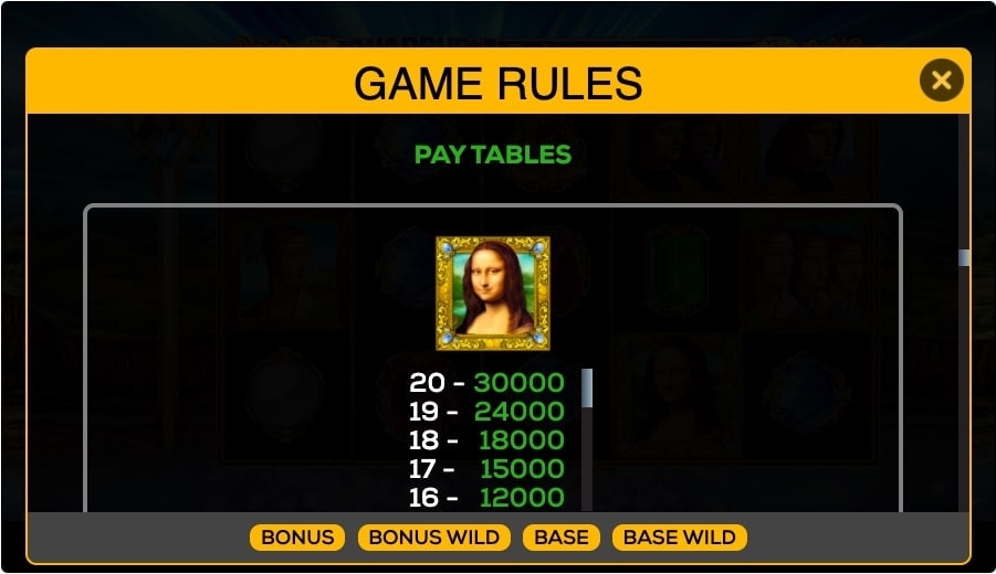 Quadruple Da Vinci Diamonds Slot Game Paytable
