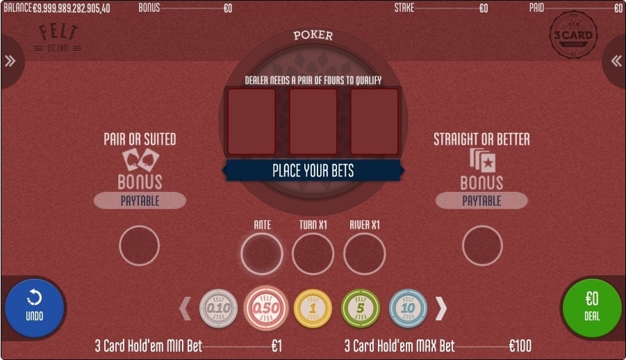 3 Card Hold Em Online Poker Game Place Bet