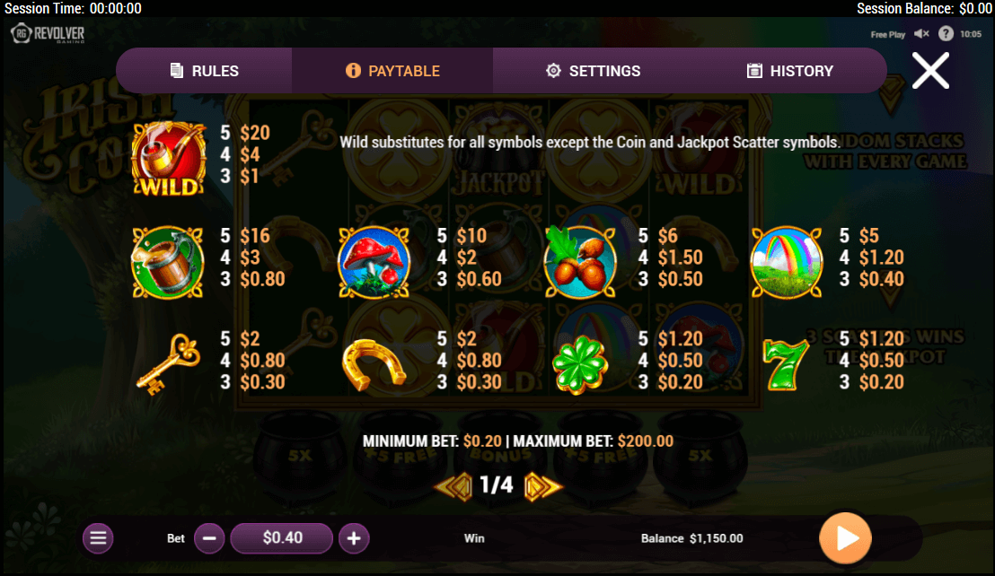 Irish Coins Online Slot Game Paytable