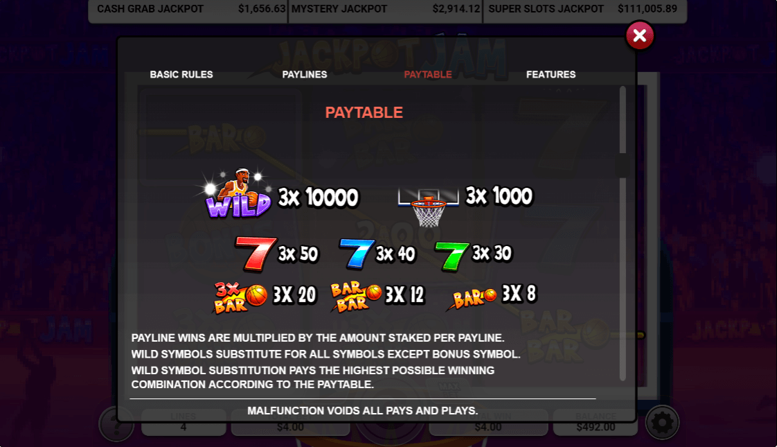 Jackpot Jam Online Slot Game Paytable