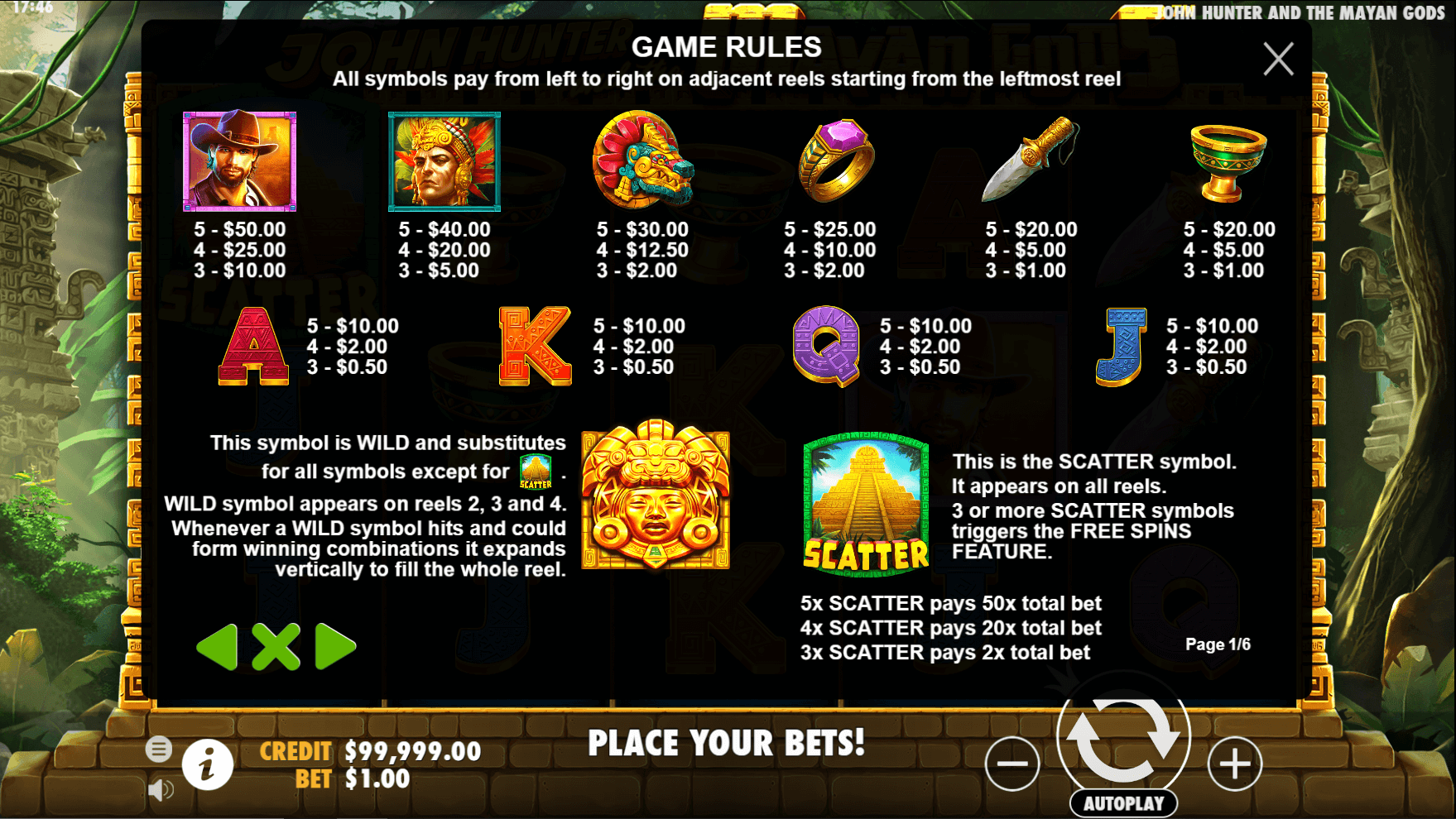 John Hunter and the Mayan Gods paytable