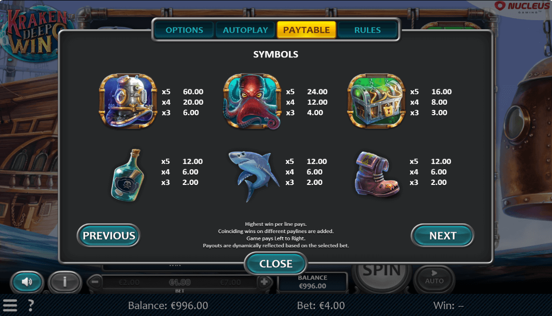 kraken deep wins paytable