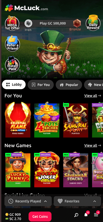 McLuck Casino main page screenshot