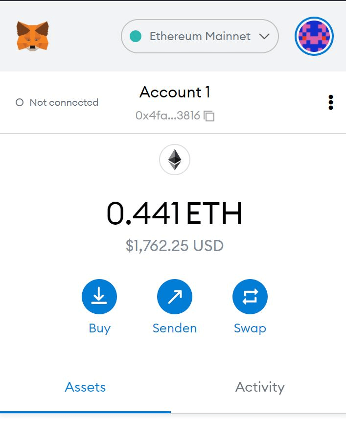 Screenshot dell'interfaccia utente di Metamask
