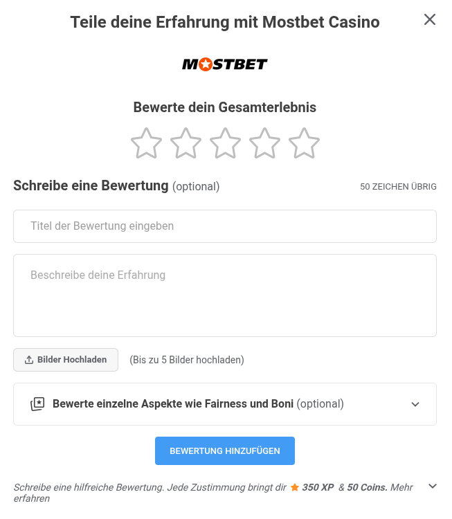 mostbet bewertung hinzufugen popup