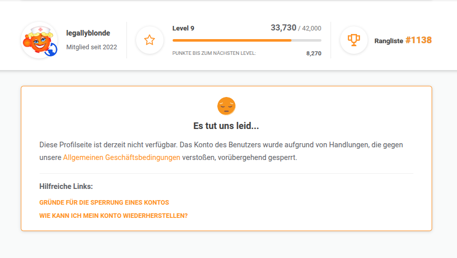 Öffentliches Profil des gesperrten Kontos