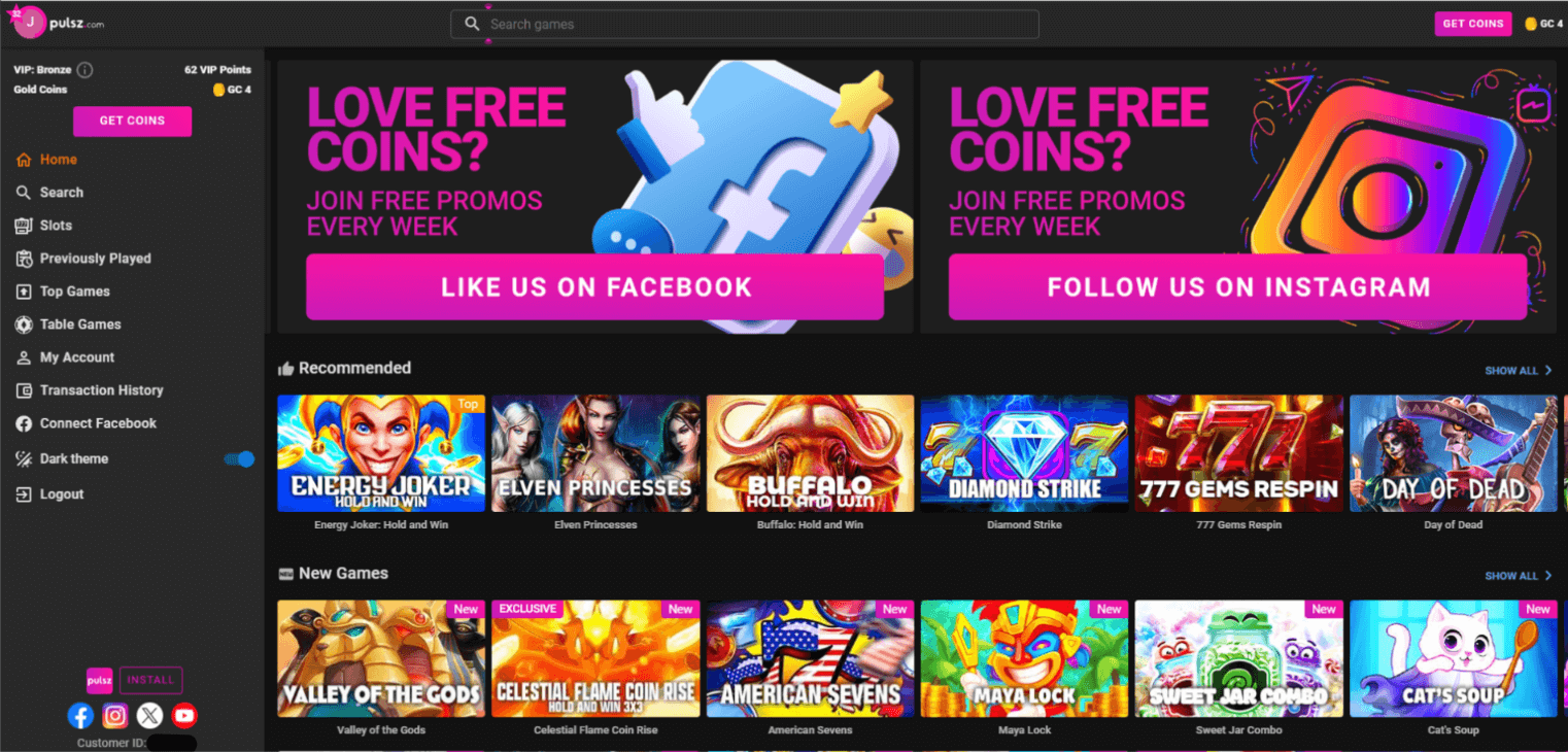 pulsz casino homepage screenshot