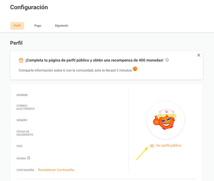 página de configuración del botón de perfil público