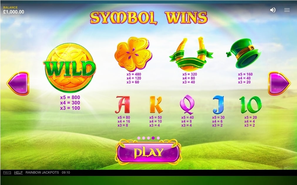 Rainbow Jackpots Slot Paytable