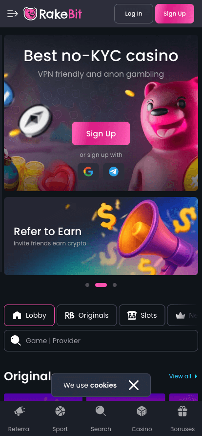 rakebit casino mobile homepage screenshot