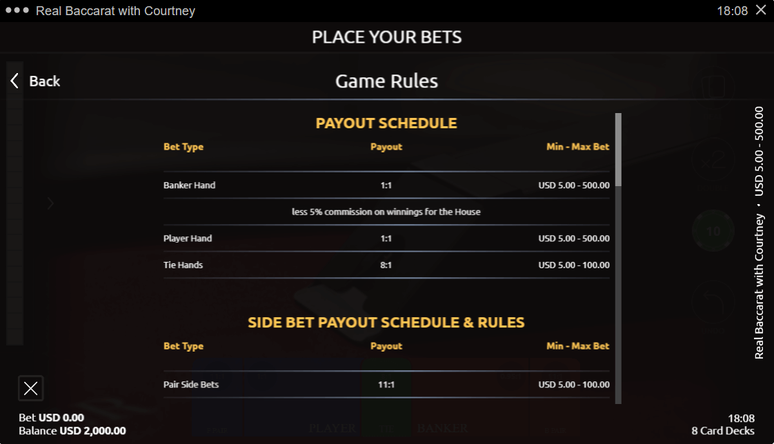 Real Baccarat with Courtney Paytable