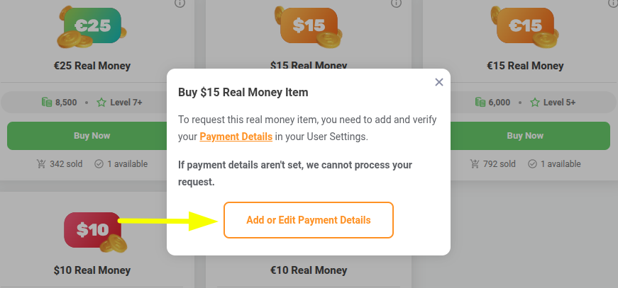Real Money Items Shop Choose a Payment Method