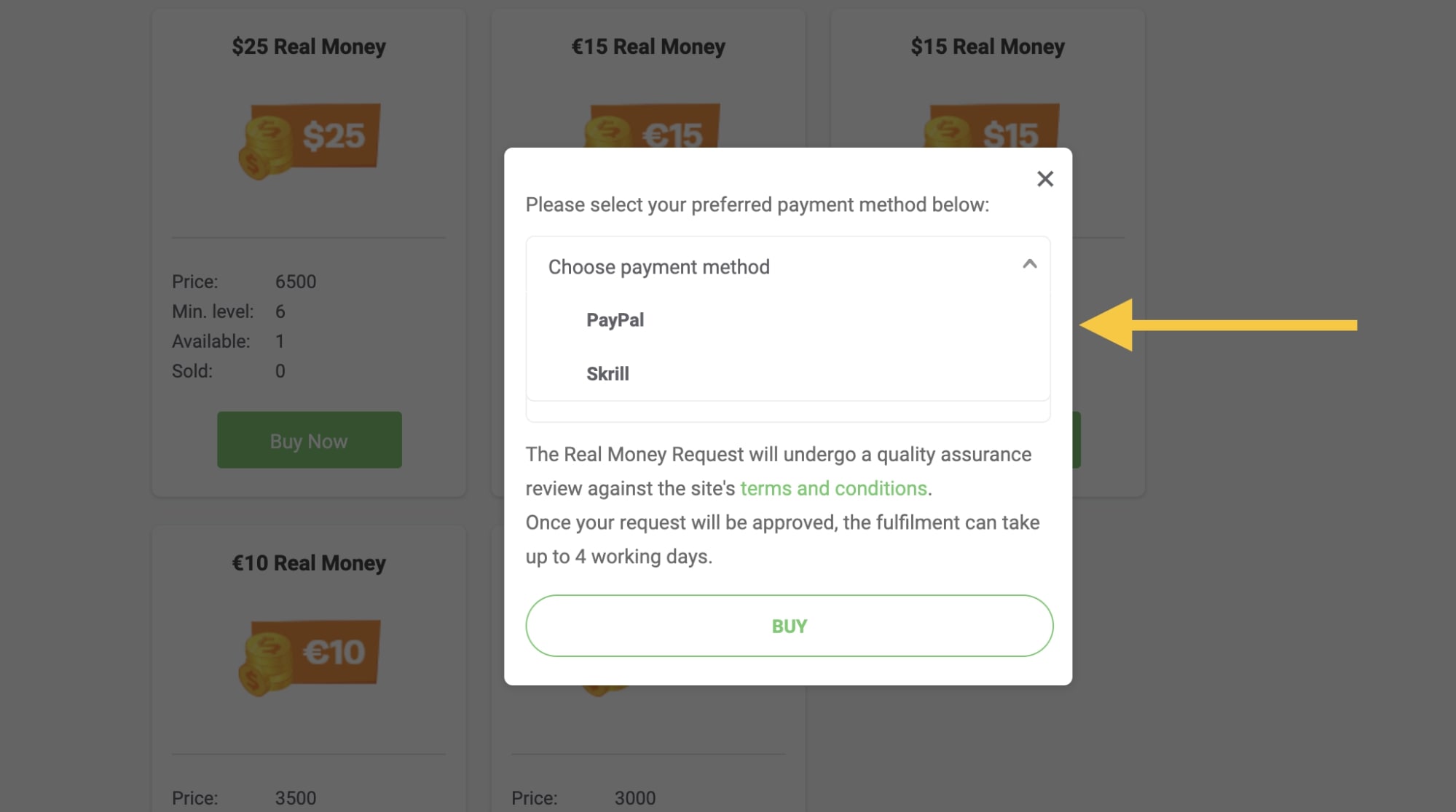 real money items payment method